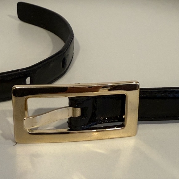 Escada Vintage early 1990\'s thin black patent belt w/ gold studs .